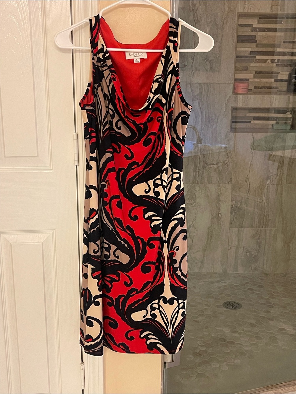Kasper Red, Black & Cream Sleeveless Cowl Neck Dress